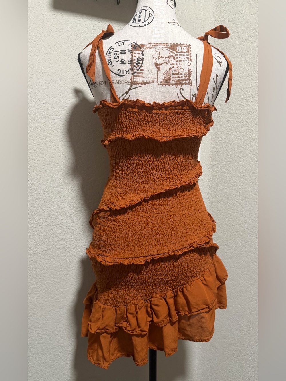 Astr Rust Orange Smocked Ruffle Mini Dress - Picture 2 of 11